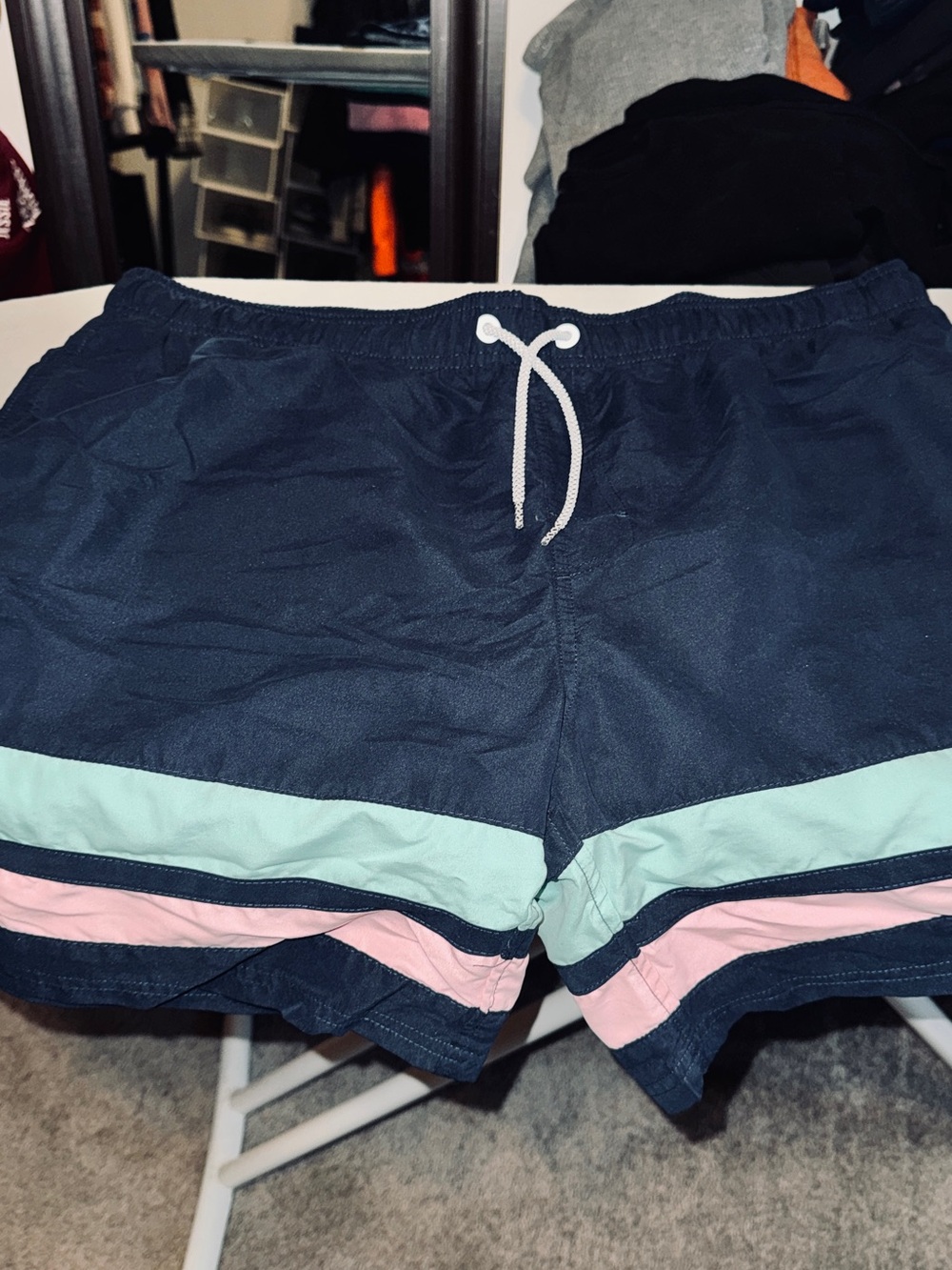 Men's Navy Blue Swim Shorts with Mint and Pink Stripe